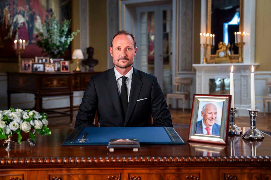 Norges nye konge, kong Haakon, holder sin første tale som monark på Slottet i Oslo den 29. august 2026. Foto: Heiko Junge / NTB. Norges nye konge, kong Haakon, holder sin første tale som monark på Slottet i Oslo den 29. august 2026. Foto: Heiko Junge / NTB.