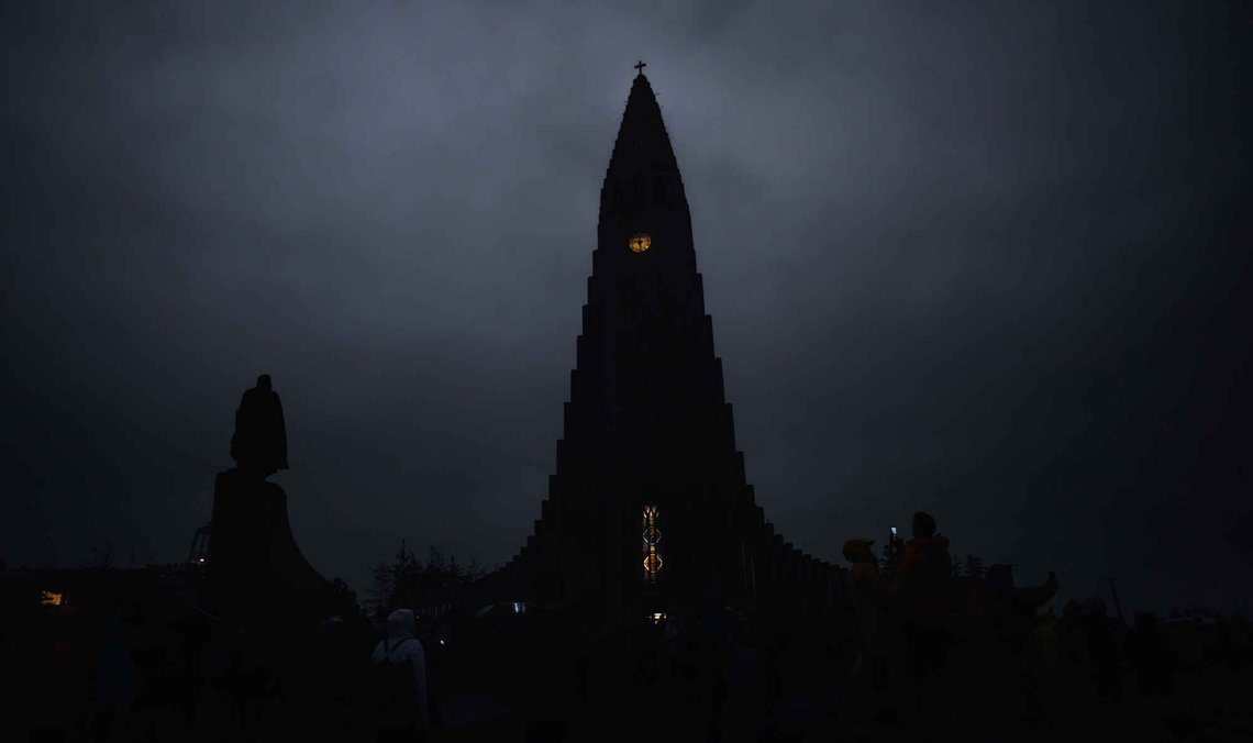 The Hallgrímskirkja church is seen in the dark during a total solar eclipse on a cloudy day in Reykjavik, Iceland, Wednesday, Aug. 12, 2026. (AP Photo/Marco di Marco) The Hallgrímskirkja church is seen in the dark during a total solar eclipse on a cloudy day in Reykjavik, Iceland, Wednesday, Aug. 12, 2026. (AP Photo/Marco di Marco)