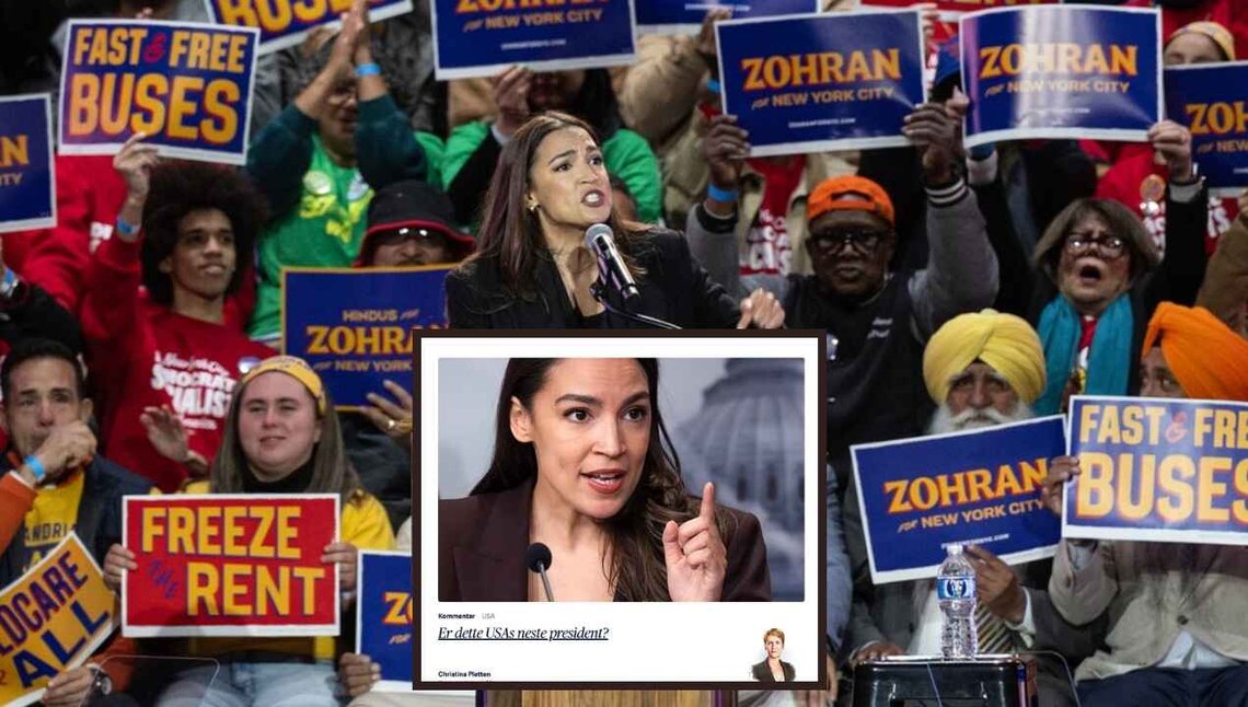 Kongressmedlem Alexandria Ocasio-Cortez taler under demonstrasjonen «New York is not for sale» på Forest Hill Stadium til støtte for valgkampen til borgermesterkandidat Zohran Mamdani i New York 26. oktober 2025. Foto: Shutterstock. Innfelt bilde: Skjermbilde fra Aftenposten: – Er dette USAs nye president? Kongressmedlem Alexandria Ocasio-Cortez taler under demonstrasjonen «New York is not for sale» på Forest Hill Stadium til støtte for valgkampen til borgermesterkandidat Zohran Mamdani i New York 26. oktober 2025. Foto: Shutterstock. Innfelt bilde: Skjermbilde fra Aftenposten: – Er dette USAs nye president?