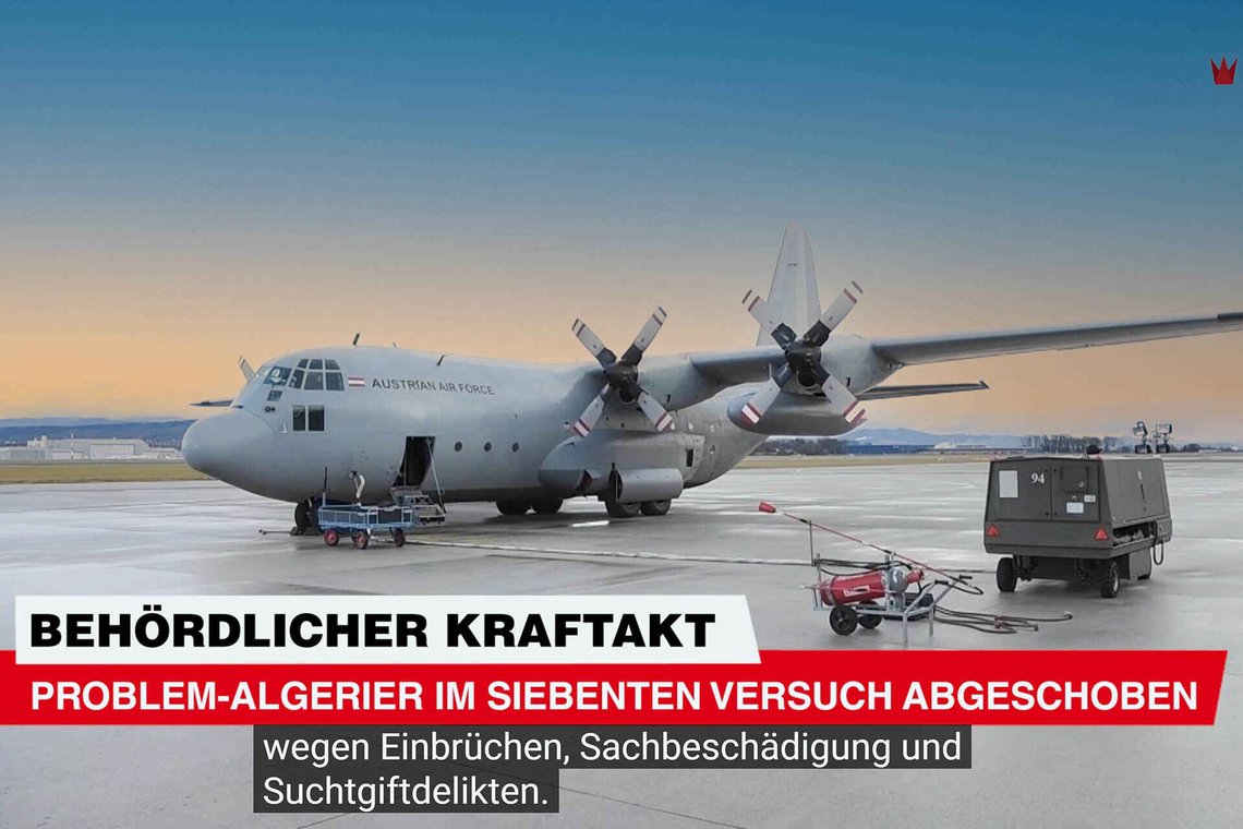 Algerieren ble geleidet hjem i et fly fra Austrian Air Force. Videoklipp fra Kronen Zeitung, YouTube Algerieren ble geleidet hjem i et fly fra Austrian Air Force. Videoklipp fra Kronen Zeitung, YouTube