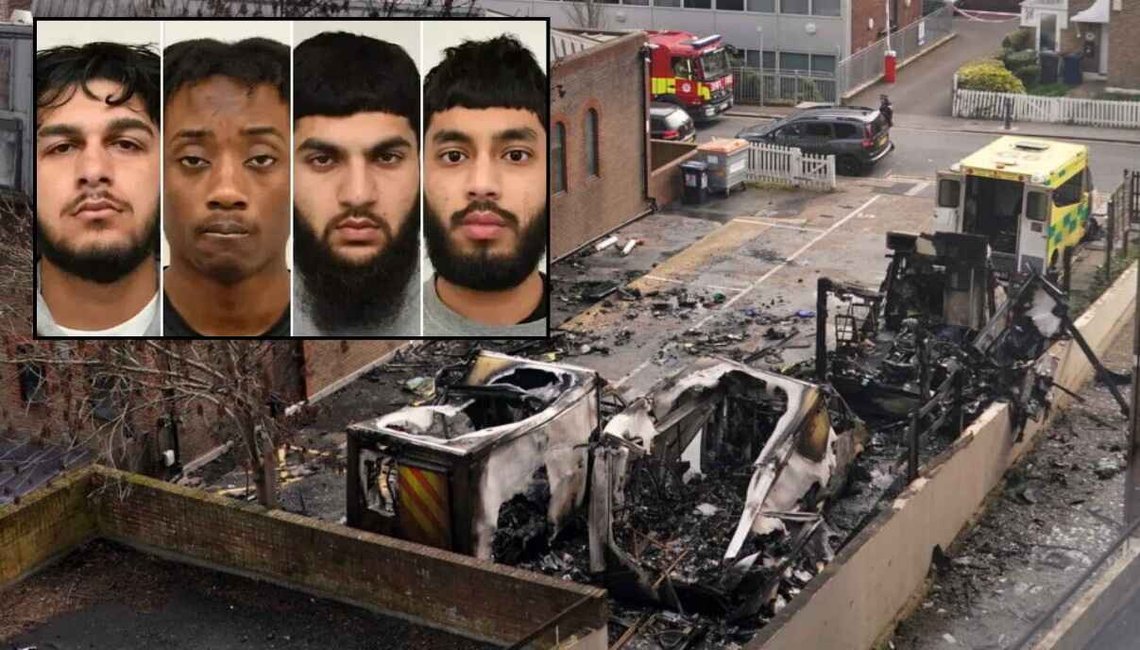 Hovedbilde: Brente ambulanser i Golders Green i London den 23. mars 2026. Foto: Alberto Pezzali / AP / NTB. Insatt bilde:Bilde: De siktede Rehan Khan, Judex Atshatshi, Saif Ali og Hamza Iqbal. (London Met Police) Hovedbilde: Brente ambulanser i Golders Green i London den 23. mars 2026. Foto: Alberto Pezzali / AP / NTB. Insatt bilde:Bilde: De siktede Rehan Khan, Judex Atshatshi, Saif Ali og Hamza Iqbal. (London Met Police)