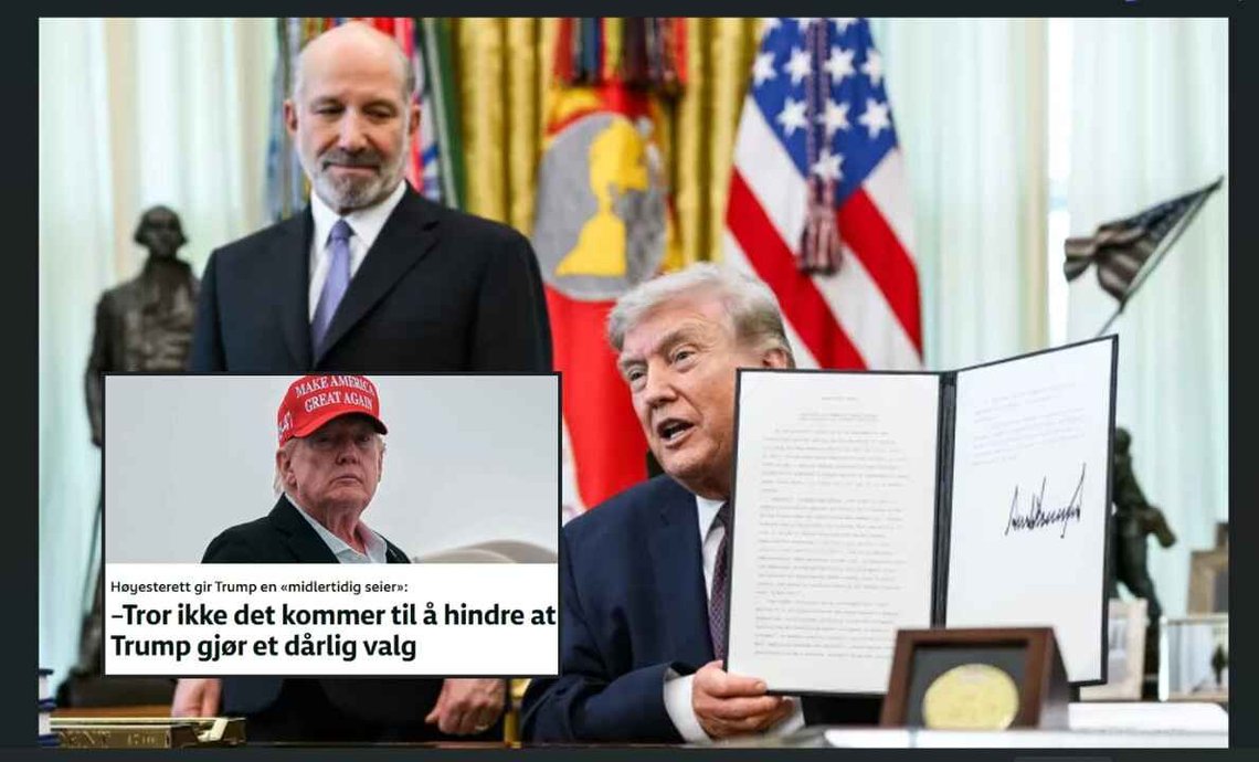President Trump undertegner en presidentordre om brevstemming. Foto: Det hvite hus (fair use). Innfelt bilde: Skjermbilde fra en NRK-artikkel. - Høyesterett gir Trump en «midlertidig seier» i spørsmål om poststemmer. President Trump undertegner en presidentordre om brevstemming. Foto: Det hvite hus (fair use). Innfelt bilde: Skjermbilde fra en NRK-artikkel. - Høyesterett gir Trump en «midlertidig seier» i spørsmål om poststemmer.