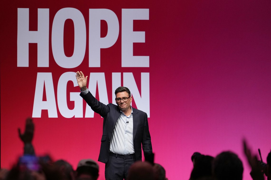 Britain's Prime Minister Andy Burnham waves after he delivered his Leader's Speech during the Labour Party Conference in Liverpool, England, Tuesday, Sept. 29, 2026. (AP Photo/Jon Super) Britain's Prime Minister Andy Burnham waves after he delivered his Leader's Speech during the Labour Party Conference in Liverpool, England, Tuesday, Sept. 29, 2026. (AP Photo/Jon Super)
