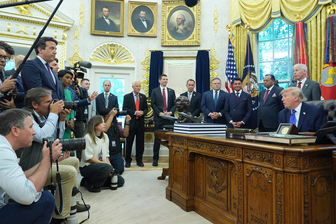President Donald Trump, seated and from right, speaks with reporters alongside Energy Secretary Chris Wright, Essar Capital Director Prashant Ruia, Mesabi Metallics Chairman Rewant Ruia, Mesabi Metallics CEO Joe Broking, Jarrod Agen, executive director of the National Energy Dominance Council, David Copley, senior director for global supply chain at the National Security Council, and White House trade counselor Peter Navarro in the Oval Office of the White House, Monday, Sept. 28, 2026, in Washington. (AP Photo/Alex Brandon) President Donald Trump, seated and from right, speaks with reporters alongside Energy Secretary Chris Wright, Essar Capital Director Prashant Ruia, Mesabi Metallics Chairman Rewant Ruia, Mesabi Metallics CEO Joe Broking, Jarrod Agen, executive director of the National Energy Dominance Council, David Copley, senior director for global supply chain at the National Security Council, and White House trade counselor Peter Navarro in the Oval Office of the White House, Monday, Sept. 28, 2026, in Washington. (AP Photo/Alex Brandon)