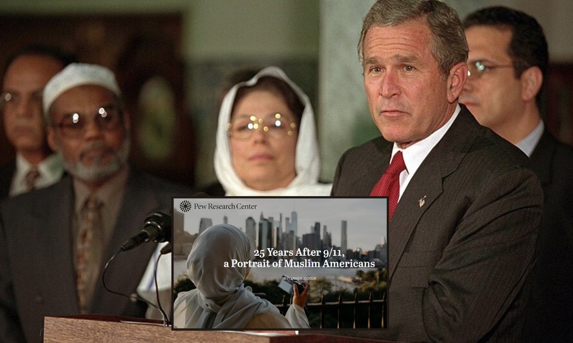 Seks dager etter terrorangrepene 11. september holdt president George W. Bush en tale ved Islamic Center of Washington, DC, der han oppfordret til å motvirke antimuslimske holdninger. Han erklærte islam som en fredelig religion. Bilde: Skjermbilde fra Pew-studien: 25 år etter 11. september, et portrett av muslimske amerikanere. Seks dager etter terrorangrepene 11. september holdt president George W. Bush en tale ved Islamic Center of Washington, DC, der han oppfordret til å motvirke antimuslimske holdninger. Han erklærte islam som en fredelig religion. Bilde: Skjermbilde fra Pew-studien: 25 år etter 11. september, et portrett av muslimske amerikanere.