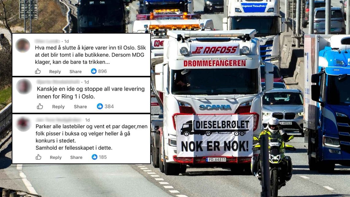 Flere aksjonister reagerer kraftig på de skyhøye dieselprisene, og diskuterer åpent om å stoppe vareleveranser til Oslo. Foto: NTB/Skjermbilder FB Flere aksjonister reagerer kraftig på de skyhøye dieselprisene, og diskuterer åpent om å stoppe vareleveranser til Oslo. Foto: NTB/Skjermbilder FB