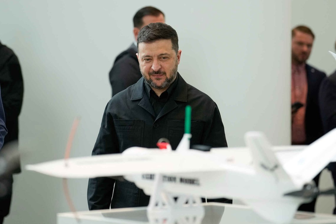 Ukraine's President Volodymyr Zelenskyy watching a presentation of drones made in German-Ukrainian cooperation in Berlin Germany, Tuesday, April 14, 2026. (AP Photo/Ebrahim Noroozi, POOL) Ukraine's President Volodymyr Zelenskyy watching a presentation of drones made in German-Ukrainian cooperation in Berlin Germany, Tuesday, April 14, 2026. (AP Photo/Ebrahim Noroozi, POOL)