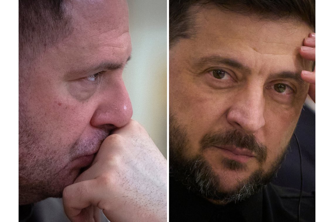 FILE - This photo combination shows Andriy Yermak, Head of the Office of the President of Ukraine, left, in Kyiv, Ukraine, Dec. 9, 2024 and Ukrainian President Volodymyr Zelenskyy in Kyiv, Oct. 28, 2025. (AP Photo/Efrem Lukatsky) FILE - This photo combination shows Andriy Yermak, Head of the Office of the President of Ukraine, left, in Kyiv, Ukraine, Dec. 9, 2024 and Ukrainian President Volodymyr Zelenskyy in Kyiv, Oct. 28, 2025. (AP Photo/Efrem Lukatsky)