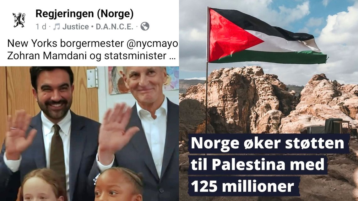 De to meldingene som den norske regjering la ut på Facebook torsdag 24. september 2026, vakte mye respons. Særlig må palestinaflagget vært en rød klut, ettersom kommentarfeltet ble stengt. Foto: Skjermbilder. De to meldingene som den norske regjering la ut på Facebook torsdag 24. september 2026, vakte mye respons. Særlig må palestinaflagget vært en rød klut, ettersom kommentarfeltet ble stengt. Foto: Skjermbilder.