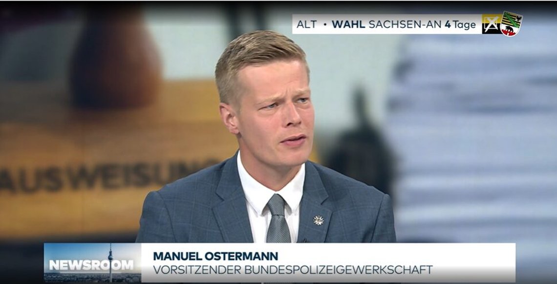 Manuel Ostermann, styreleder i den føderale politiunionen i Tyskland, og er kritisk til mangel på evne til å sende ut utviste kriminelle migranter. Stillbilde WELT TV Manuel Ostermann, styreleder i den føderale politiunionen i Tyskland, og er kritisk til mangel på evne til å sende ut utviste kriminelle migranter. Stillbilde WELT TV