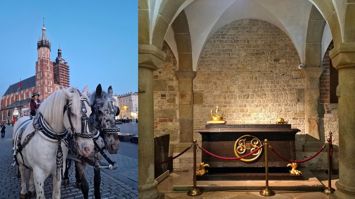 Mariakirken i Krakow (Kościół Wniebowzięcia Najświętszej Marii Panny) fra 1347 er en av byens store attraksjoner, og har et stort relief med Sobieski til hest på ytterveggen. Mange besøker også sarkofagen til den polske kongen i krypen på Wawel-slottet. Foto: Bente Haarstad. Mariakirken i Krakow (Kościół Wniebowzięcia Najświętszej Marii Panny) fra 1347 er en av byens store attraksjoner, og har et stort relief med Sobieski til hest på ytterveggen. Mange besøker også sarkofagen til den polske kongen i krypen på Wawel-slottet. Foto: Bente Haarstad.