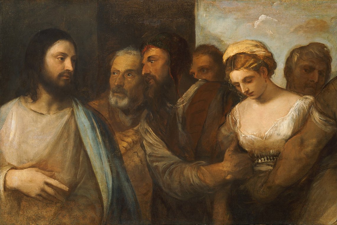 Tizian (1490–1576), «Kristus og ekteskapsbrytersken», Kunsthistorisches Museum, Wien. Tizian (1490–1576), «Kristus og ekteskapsbrytersken», Kunsthistorisches Museum, Wien.