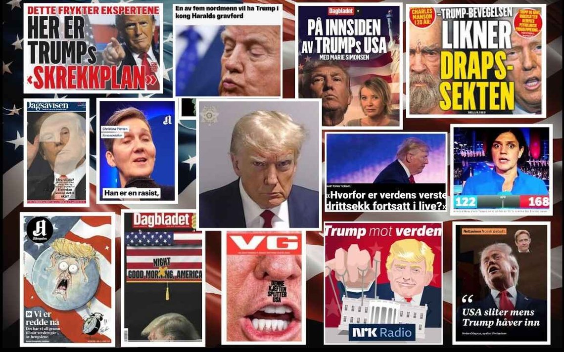 Ulike forsider fra norske aviser gjennom årene med Donald Trump. Bildet i midten: Trumps arrestasjonsfoto, offentliggjort av sheriffkontoret i Fulton County, Georgia. 24. august 2023 Ulike forsider fra norske aviser gjennom årene med Donald Trump. Bildet i midten: Trumps arrestasjonsfoto, offentliggjort av sheriffkontoret i Fulton County, Georgia. 24. august 2023