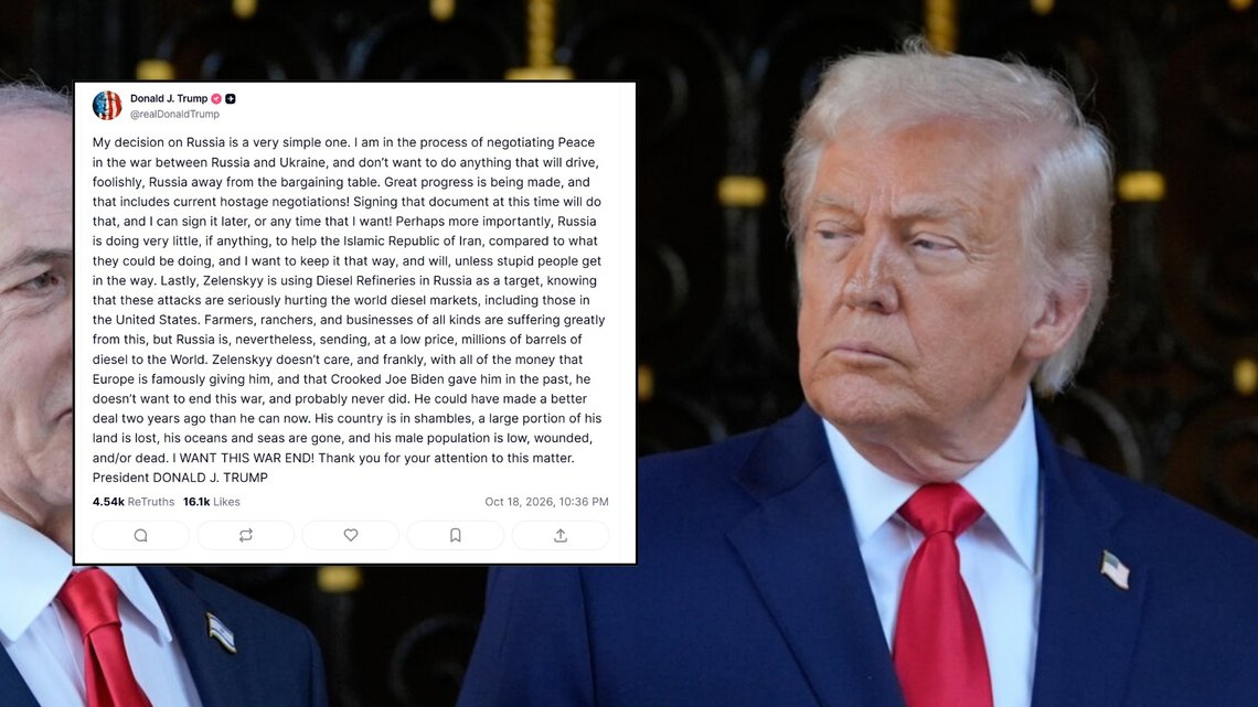 Donald Trump forklarer at han legger sanksjoner mot Russland på is for å få til en fredsavtale. Donald Trump forklarer at han legger sanksjoner mot Russland på is for å få til en fredsavtale.