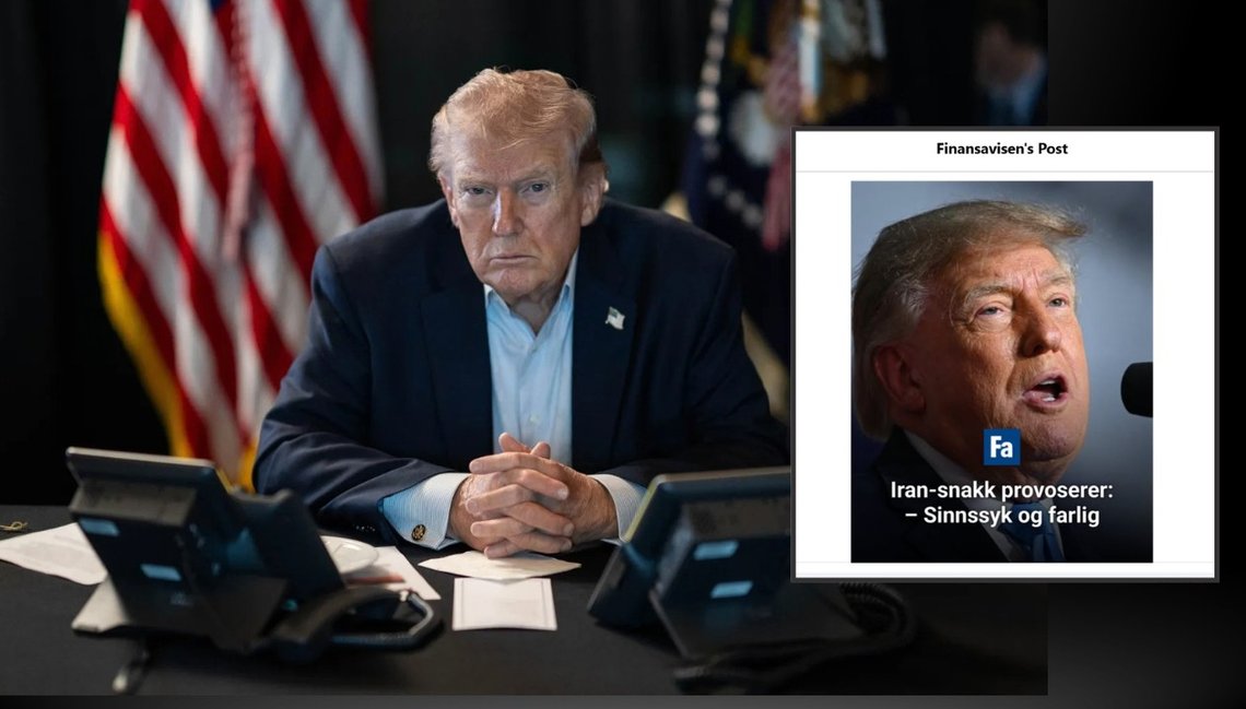 President Trump under et møte om «Operasjon Epic Fury». Foto: Det hvite hus (fair use). Innfelt bilde: Skjermbilde fra Finansavisen: Iran-uttalelser provoserer: – Vanvittig og farlig President Trump under et møte om «Operasjon Epic Fury». Foto: Det hvite hus (fair use). Innfelt bilde: Skjermbilde fra Finansavisen: Iran-uttalelser provoserer: – Vanvittig og farlig