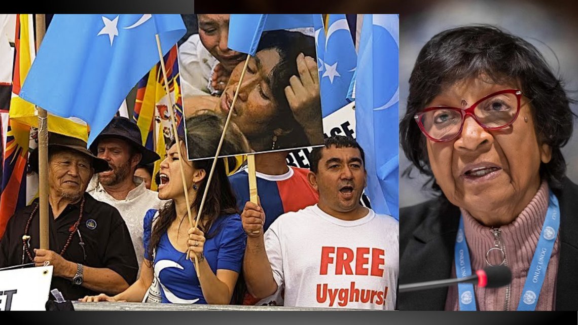 Folk som protesterer mot behandlingen av uigurene i Kina i FN med flagget til Øst-Turkestan. Foto: Wikimedia. Nobels fredsprisvinner, Navy Pillay. Foto: Fabrice Coffrini / AFP / NTB. Folk som protesterer mot behandlingen av uigurene i Kina i FN med flagget til Øst-Turkestan. Foto: Wikimedia. Nobels fredsprisvinner, Navy Pillay. Foto: Fabrice Coffrini / AFP / NTB.