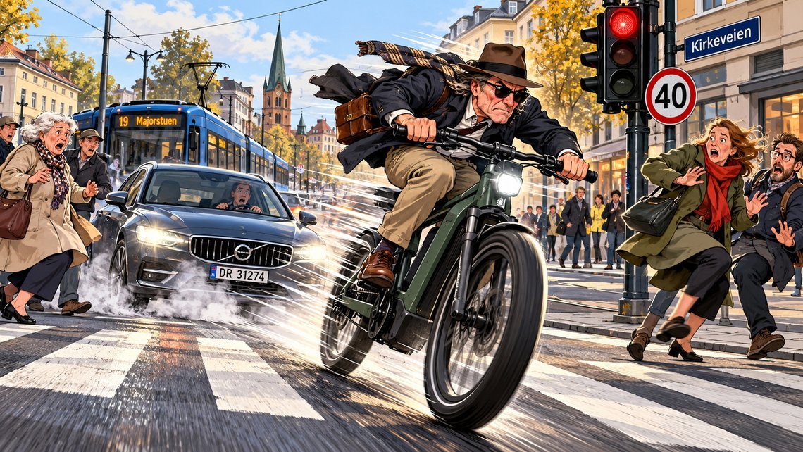 Mann med hatt og elsykkel, observert over Majorstukrysset på rødt. Oslo anno 2026. Mann med hatt og elsykkel, observert over Majorstukrysset på rødt. Oslo anno 2026.