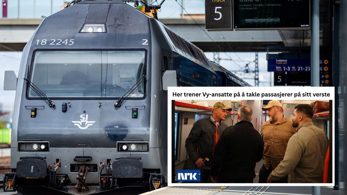 Norske Tog/NSB EL 18-2245 på Trondheim stasjon med SJ NORD. Foto: Wikimedia. Innfelt bilde: Skjermbilde fra NRK. – Her trener Vy-ansatte på å håndtere passasjerer når de er på sitt verste. Redigert for illustrasjonsformål. Norske Tog/NSB EL 18-2245 på Trondheim stasjon med SJ NORD. Foto: Wikimedia. Innfelt bilde: Skjermbilde fra NRK. – Her trener Vy-ansatte på å håndtere passasjerer når de er på sitt verste. Redigert for illustrasjonsformål.