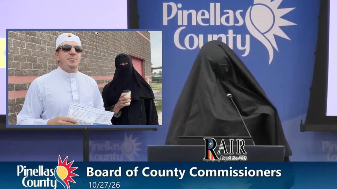En kvinne iført burka ble tirsdag eskortert ut av et møte i fylkesstyret i Pinellas County i Florida. James O’Keefe og Cam Higby står overfor en strafferettslig etterforskning etter valgstuntet i Minnesota.. Foto: Skjermbilder fra YouTube. En kvinne iført burka ble tirsdag eskortert ut av et møte i fylkesstyret i Pinellas County i Florida. James O’Keefe og Cam Higby står overfor en strafferettslig etterforskning etter valgstuntet i Minnesota.. Foto: Skjermbilder fra YouTube.