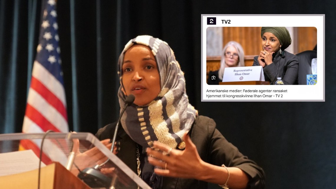 Arlington, Virginia – 10. januar 2019: Representant Ilhan Omar (D-MN) holder tale ved Council on American Islamic Relations (CAIR) sin mottakelse for nyvalgte kongressmedlemmer. Foto: Shutterstock. Innfelt bilde: Skjermbilde fra TV2: - Føderale agenter ransaket hjemmet til kongressmedlem Ilhan Omar. Arlington, Virginia – 10. januar 2019: Representant Ilhan Omar (D-MN) holder tale ved Council on American Islamic Relations (CAIR) sin mottakelse for nyvalgte kongressmedlemmer. Foto: Shutterstock. Innfelt bilde: Skjermbilde fra TV2: - Føderale agenter ransaket hjemmet til kongressmedlem Ilhan Omar.