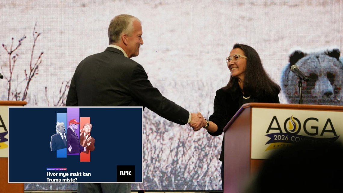 KONKURRENTER: Kandidatene Dan Sullivan (R) og Mary Peltola (D) møttes på en konferanse i Anchorage før senatsvalget i Alaska, der en navnebror av republikaneren skal ha blitt rekruttert som «stemmetyv». Foto: Kerry Tasker / Reuters / NTB. Innsatt bilde: Skjermbilde NRK: Hvor mye makt kan Trump miste? KONKURRENTER: Kandidatene Dan Sullivan (R) og Mary Peltola (D) møttes på en konferanse i Anchorage før senatsvalget i Alaska, der en navnebror av republikaneren skal ha blitt rekruttert som «stemmetyv». Foto: Kerry Tasker / Reuters / NTB. Innsatt bilde: Skjermbilde NRK: Hvor mye makt kan Trump miste?