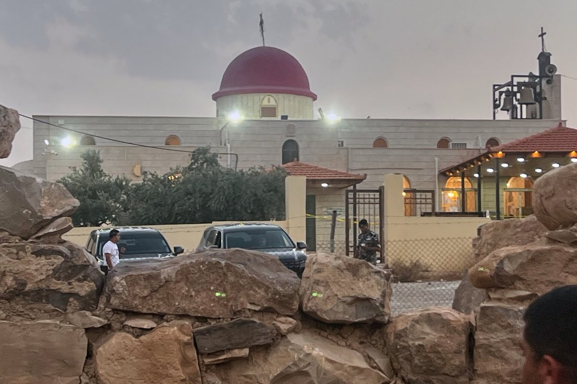 A security officer stands guard outside a Greek Orthodox Church where gunmen opened fire during a funeral earlier in Hamoud village, in Jordan's Karak governorate, Friday, Oct. 23, 2026. (AP Photo) A security officer stands guard outside a Greek Orthodox Church where gunmen opened fire during a funeral earlier in Hamoud village, in Jordan's Karak governorate, Friday, Oct. 23, 2026. (AP Photo)