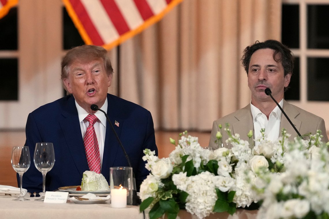 President Donald Trump speaks seated alongside Google co-Founder Sergey Brin, at a dinner at Trump's Mar-a-Lago club, Saturday, Oct. 17, 2026, in Palm Beach, Fla. (AP Photo/Mark Schiefelbein) President Donald Trump speaks seated alongside Google co-Founder Sergey Brin, at a dinner at Trump's Mar-a-Lago club, Saturday, Oct. 17, 2026, in Palm Beach, Fla. (AP Photo/Mark Schiefelbein)