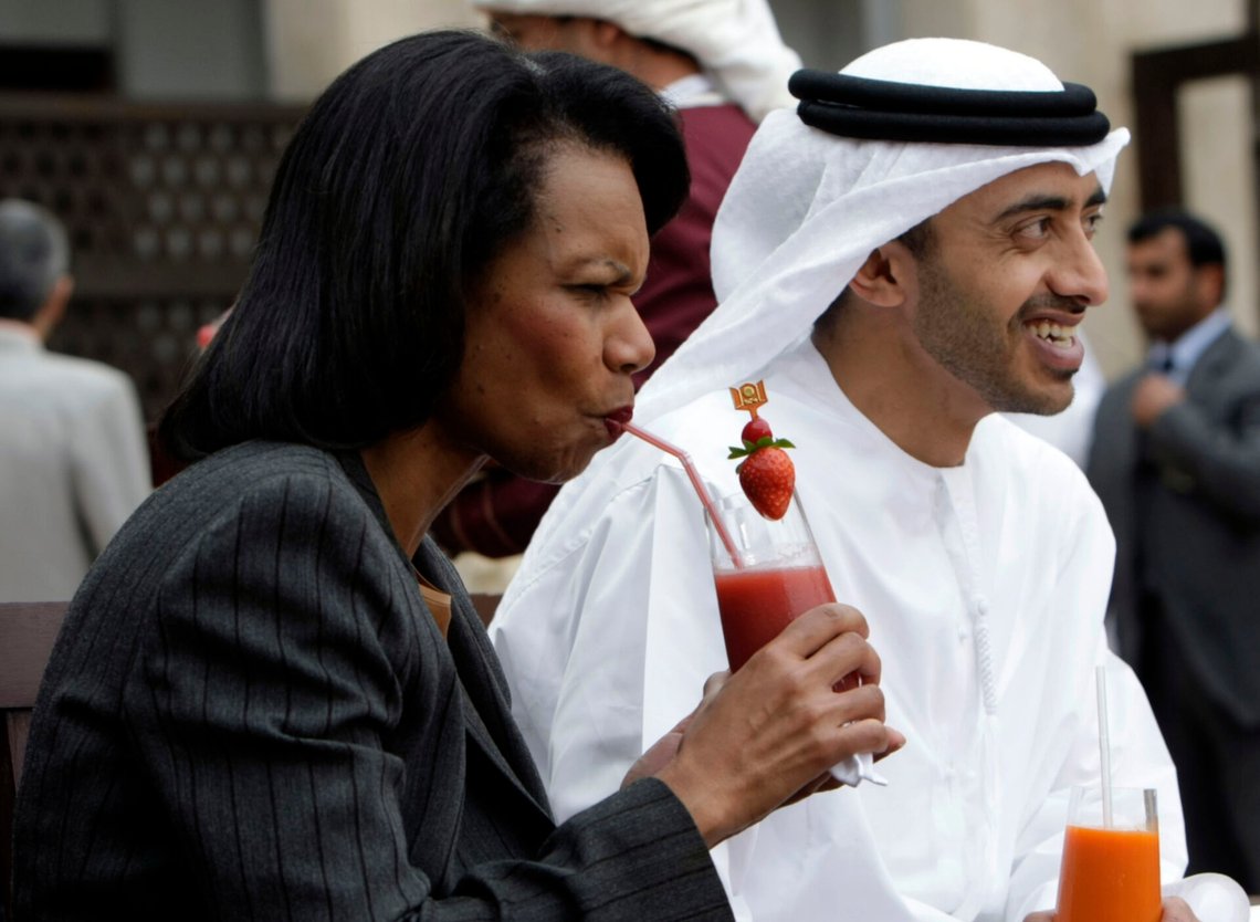 US Secretary of State Condoleezza Rice, left, drinks strawberry juice during a visit to the Sheikh Saeed Al Maktoum House, Monday, Jan. 14, 2008 in Dubai, United Arab Emirates. Sitting next to Rice is United Arab Emirates Minister of Foreign Affairs Sheik Abdullah bin Zayed Al Nahyan. (AP Photo/Pablo Martinez Monsivais) US Secretary of State Condoleezza Rice, left, drinks strawberry juice during a visit to the Sheikh Saeed Al Maktoum House, Monday, Jan. 14, 2008 in Dubai, United Arab Emirates. Sitting next to Rice is United Arab Emirates Minister of Foreign Affairs Sheik Abdullah bin Zayed Al Nahyan. (AP Photo/Pablo Martinez Monsivais)