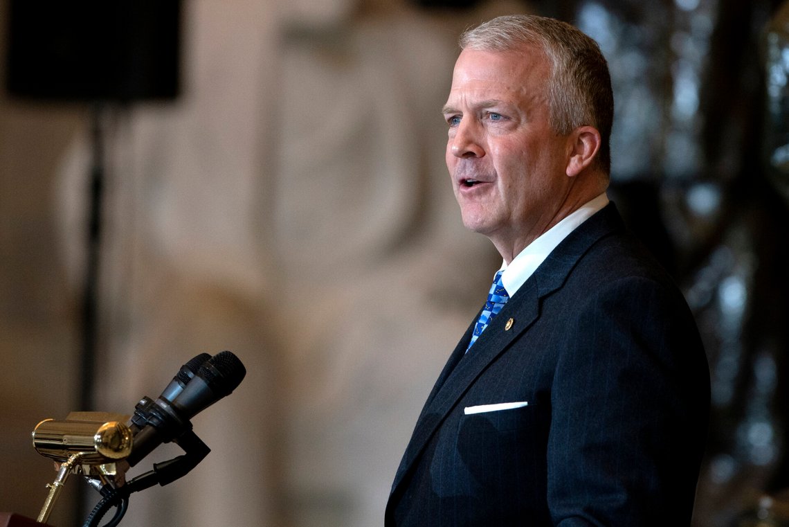 Sen. Dan Sullivan, R-Alaska, speaks during a ceremony for the late Rep. Don Young, R-Alaska, as he lies in state in Statuary Hall on Capitol Hill in Washington, Tuesday, March 29, 2022. Young, the longest-serving member of Alaska's congressional delegation, died Friday, March 18. He was 88. (Greg Nash/Pool Photo via AP) Sen. Dan Sullivan, R-Alaska, speaks during a ceremony for the late Rep. Don Young, R-Alaska, as he lies in state in Statuary Hall on Capitol Hill in Washington, Tuesday, March 29, 2022. Young, the longest-serving member of Alaska's congressional delegation, died Friday, March 18. He was 88. (Greg Nash/Pool Photo via AP)