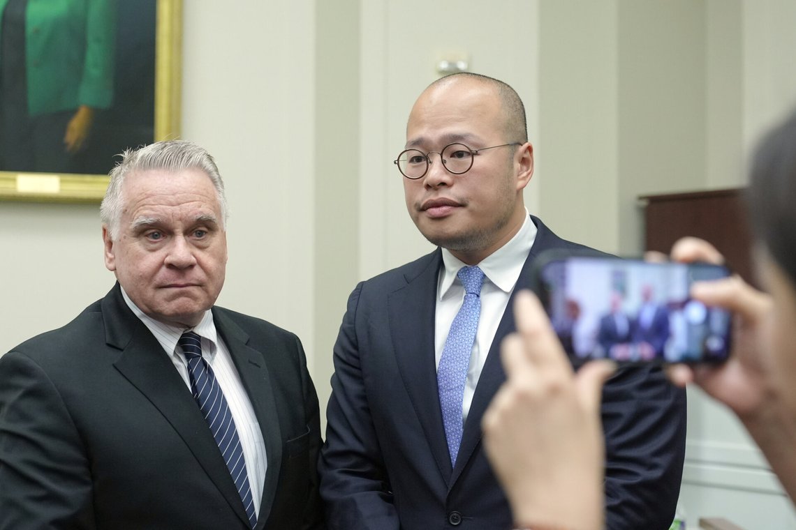 Sebastien Lai, right, stands with Rep. Chris Smith, R-N.J., for a photo after a Congressional Executive Commission on China on the continued imprisonment of his father Jimmy Lai on Capitol Hill, Wednesday, Sept. 16, 2026, in Washington. (AP Photo/Mariam Zuhaib) Sebastien Lai, right, stands with Rep. Chris Smith, R-N.J., for a photo after a Congressional Executive Commission on China on the continued imprisonment of his father Jimmy Lai on Capitol Hill, Wednesday, Sept. 16, 2026, in Washington. (AP Photo/Mariam Zuhaib)