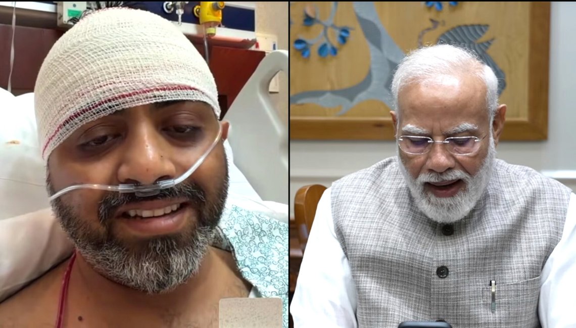 FlyDubai-kapteinen Smit Machchhar ble en av heltene da han klare å åpne døra til cockpit etter å ha blitt knivstukket av sin styrmann. Fredag tok Indias statsminister Narendra Modi kontakt. Foto: Narendra Modis Youtube-kanal via AP / NTB FlyDubai-kapteinen Smit Machchhar ble en av heltene da han klare å åpne døra til cockpit etter å ha blitt knivstukket av sin styrmann. Fredag tok Indias statsminister Narendra Modi kontakt. Foto: Narendra Modis Youtube-kanal via AP / NTB