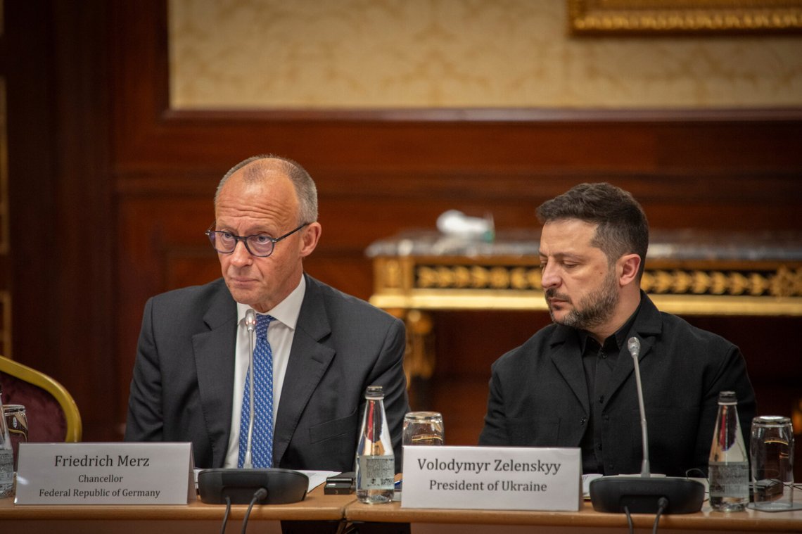 German Chancellor Friedrich Merz, left, and Ukrainian President Volodymyr Zelenskyy participate in a German-Ukrainian business forum in Kyiv, Ukraine, Sunday, Oct. 4, 2026. (AP Photo/Dan Bashakov) German Chancellor Friedrich Merz, left, and Ukrainian President Volodymyr Zelenskyy participate in a German-Ukrainian business forum in Kyiv, Ukraine, Sunday, Oct. 4, 2026. (AP Photo/Dan Bashakov)