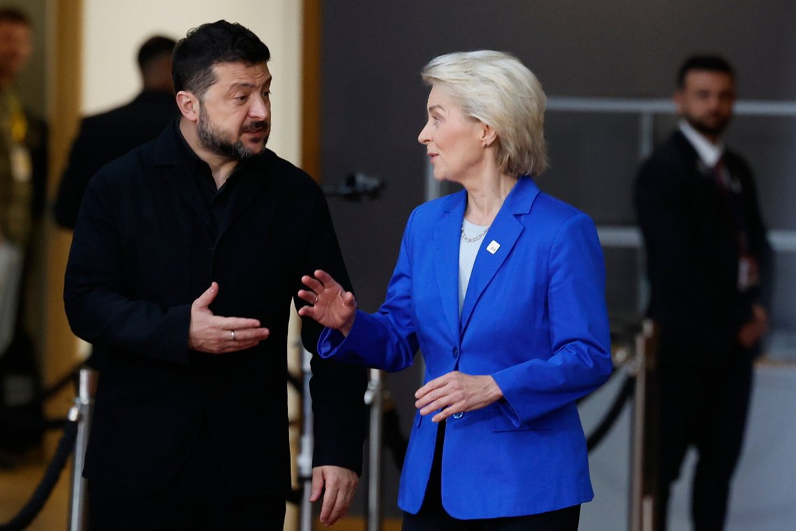 Ukraine's President Volodymyr Zelenskyy, left, speaks with European Commission President Ursula von der Leyen as they arrive for the EU summit in Brussels, Friday, Oct. 16, 2026. (AP Photo/Geert Vanden Wijngaert) Ukraine's President Volodymyr Zelenskyy, left, speaks with European Commission President Ursula von der Leyen as they arrive for the EU summit in Brussels, Friday, Oct. 16, 2026. (AP Photo/Geert Vanden Wijngaert)