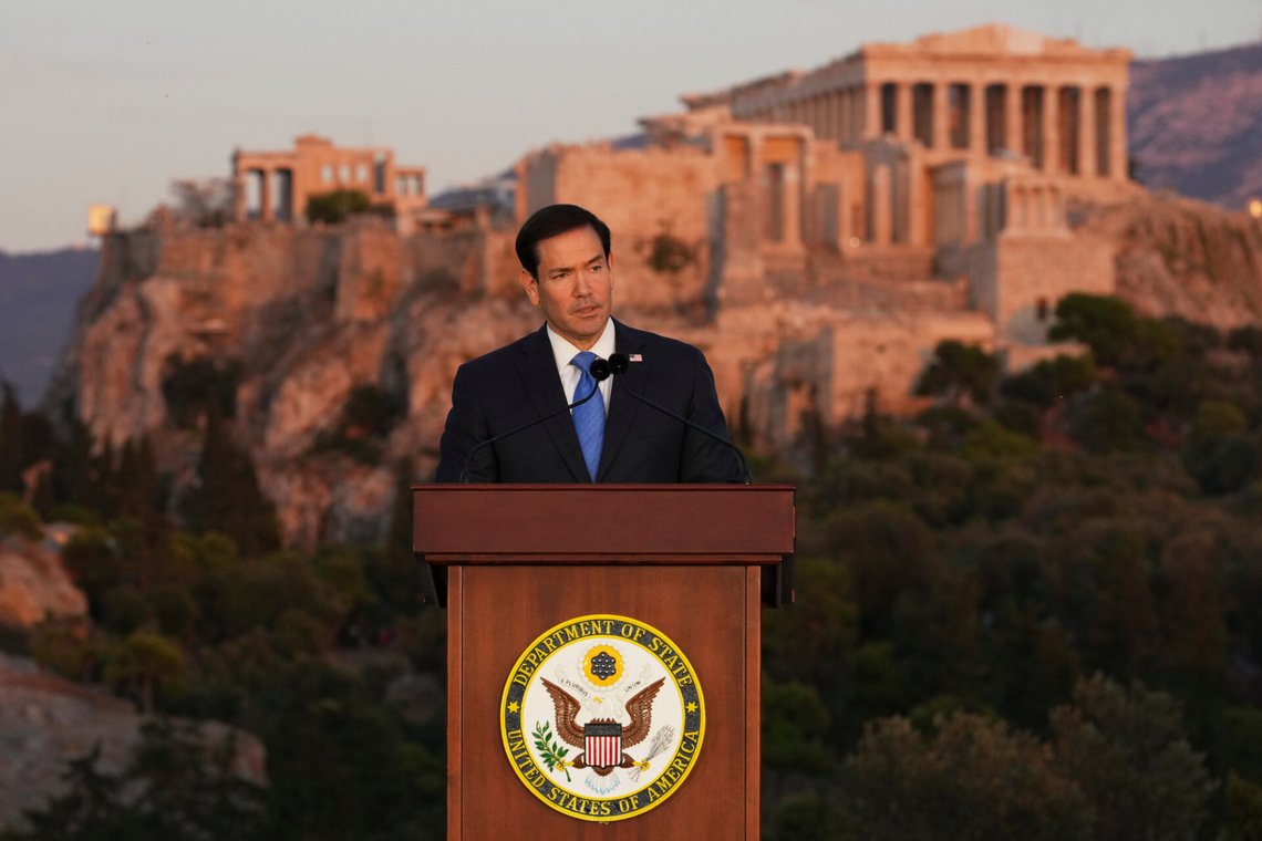 U.S. Secretary of State Marco Rubio speaks at the Pnyx hill, where ancient Athenians held democratic assemblies, with the ancient Parthenon temple atop the Acropolis in the background, in Athens,Wednesday, Oct. 7, 2026. (AP Photo/Mark Schiefelbein, Pool) U.S. Secretary of State Marco Rubio speaks at the Pnyx hill, where ancient Athenians held democratic assemblies, with the ancient Parthenon temple atop the Acropolis in the background, in Athens,Wednesday, Oct. 7, 2026. (AP Photo/Mark Schiefelbein, Pool)