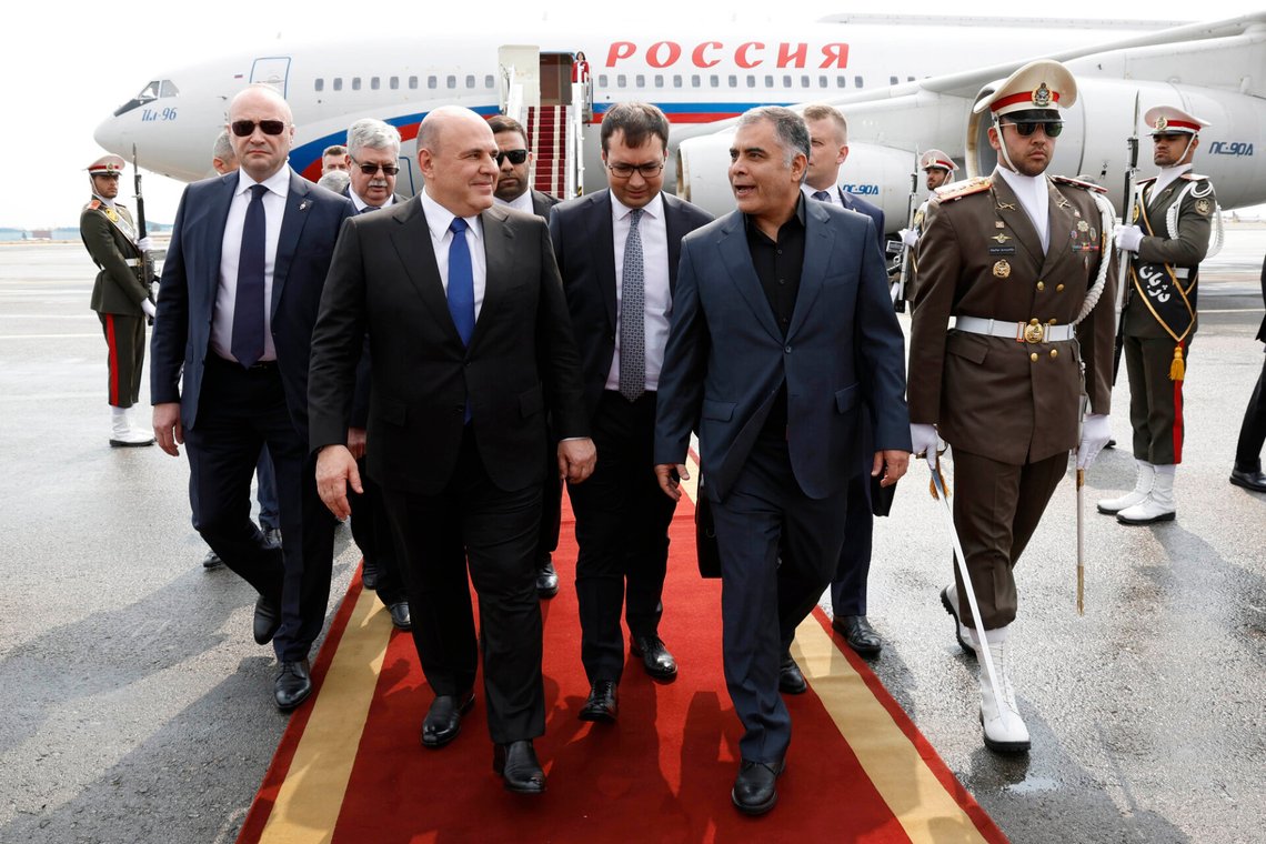 Russian Prime Minister Mikhail Mishustin, left, is welcomed by Iranian Oil Minister Mohsen Paknejad upon arrival at the Mehrabad International Airport in Tehran, Iran, Monday, Sept. 30, 2024. (Dmitry Astakhov, Sputnik, Kremlin Pool Photo via AP) Russian Prime Minister Mikhail Mishustin, left, is welcomed by Iranian Oil Minister Mohsen Paknejad upon arrival at the Mehrabad International Airport in Tehran, Iran, Monday, Sept. 30, 2024. (Dmitry Astakhov, Sputnik, Kremlin Pool Photo via AP)
