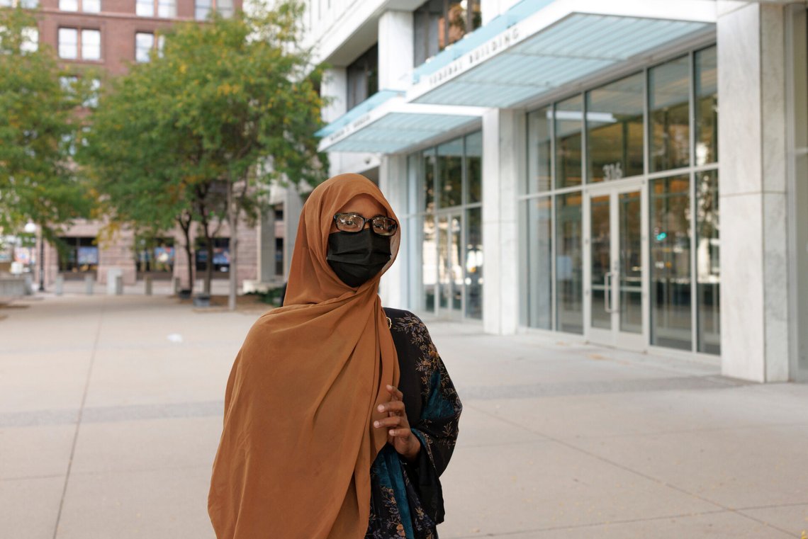Ayan, mother of Sheikhdoon Abdullahi Mohamud, leaves the Warren E. Burger Federal Building following her son's initial court appearance on Wednesday, Oct. 7, 2026, in St. Paul, Minn. (Kerem Yücel/Minnesota Public Radio via AP) Ayan, mother of Sheikhdoon Abdullahi Mohamud, leaves the Warren E. Burger Federal Building following her son's initial court appearance on Wednesday, Oct. 7, 2026, in St. Paul, Minn. (Kerem Yücel/Minnesota Public Radio via AP)