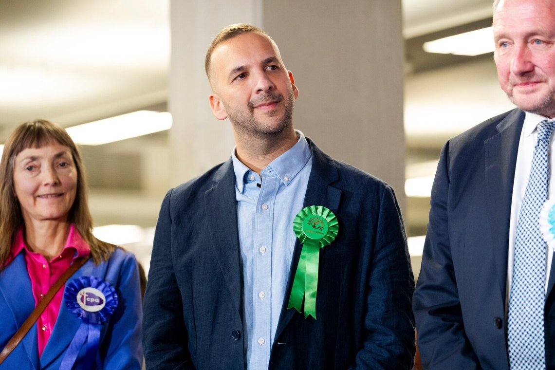 Lederen for Green Party, Zack Polanski, etter at han tapte suppleringsvalget i Holborn and St Pancras i London, fredag 9. oktober 2026. Foto: Jordan Pettitt /PA via AP/ NTB Lederen for Green Party, Zack Polanski, etter at han tapte suppleringsvalget i Holborn and St Pancras i London, fredag 9. oktober 2026. Foto: Jordan Pettitt /PA via AP/ NTB