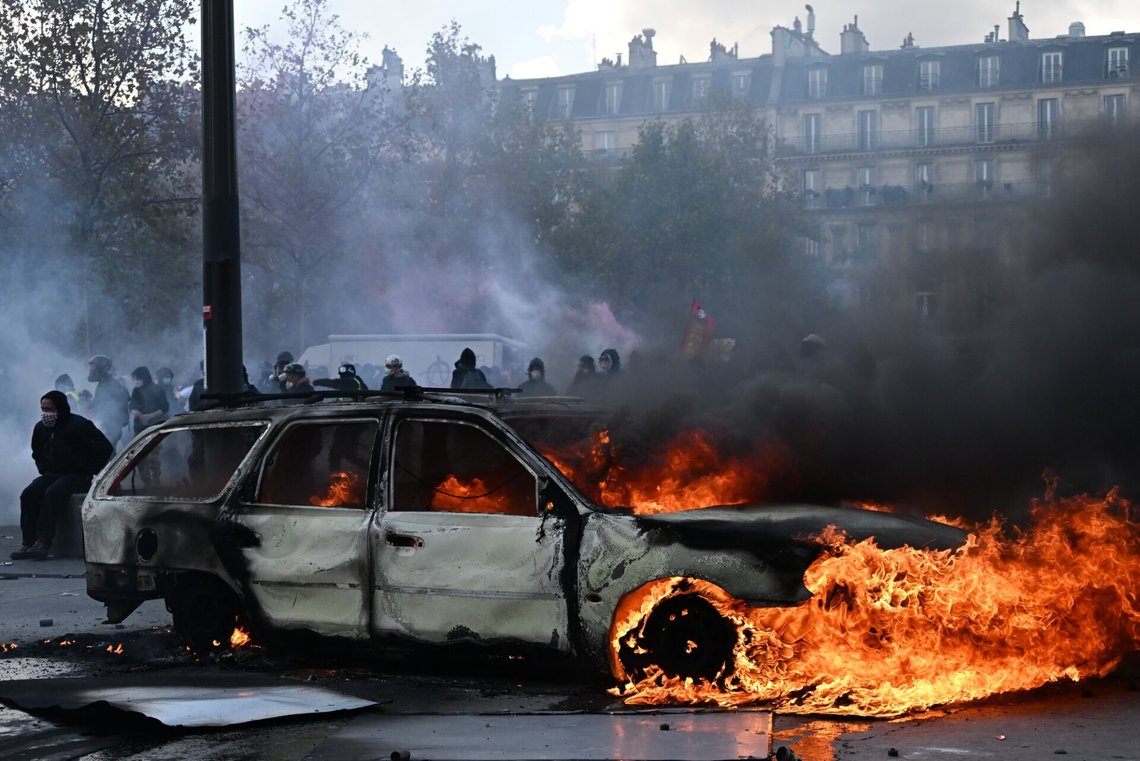 A car burns at Place de La Republique during a protest against rising living costs in Paris, Saturday, Oct. 17, 2026. (AP Photo/Emma Da Silva) A car burns at Place de La Republique during a protest against rising living costs in Paris, Saturday, Oct. 17, 2026. (AP Photo/Emma Da Silva)