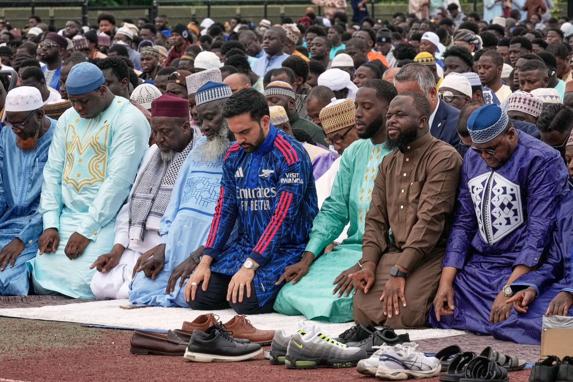 New York Mayor Zohran Mamdani, fourth from right, prays during an Eid al-Adha service, in the Bronx borough of New York, Wednesday, May 27, 2026. (AP Photo/Richard Drew) New York Mayor Zohran Mamdani, fourth from right, prays during an Eid al-Adha service, in the Bronx borough of New York, Wednesday, May 27, 2026. (AP Photo/Richard Drew)