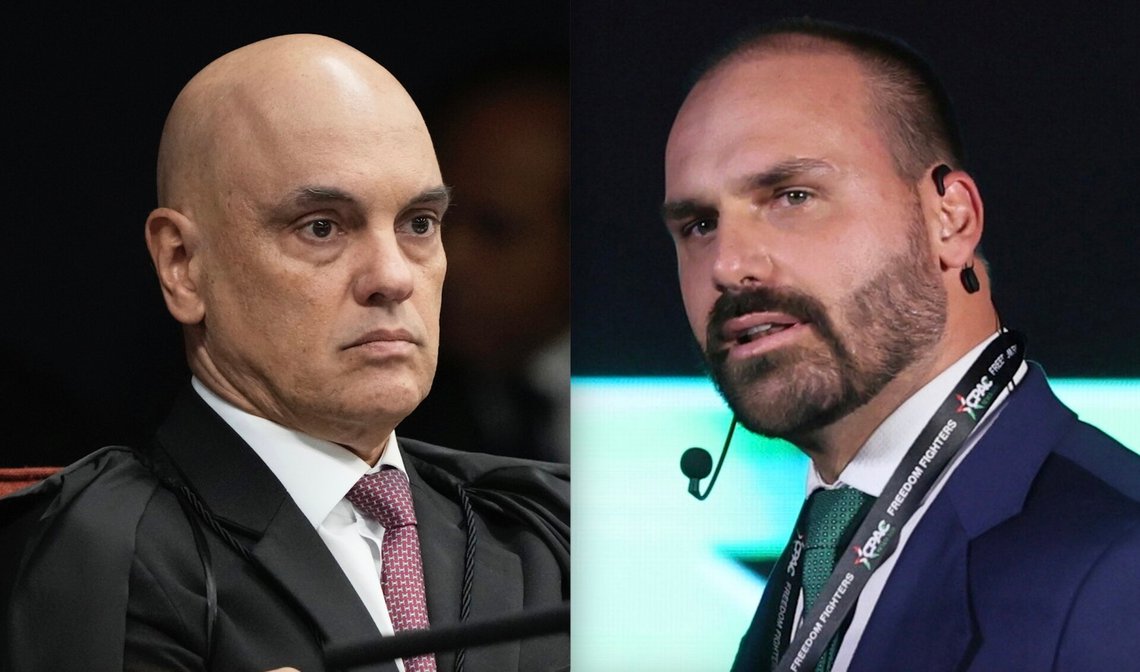 T.v. Alexandre de Moraes, t.h. Eduardo Bolsonaro. Foto: Eraldo Peres og Ginnette Riquelme – begge via AP / NTB. T.v. Alexandre de Moraes, t.h. Eduardo Bolsonaro. Foto: Eraldo Peres og Ginnette Riquelme – begge via AP / NTB.