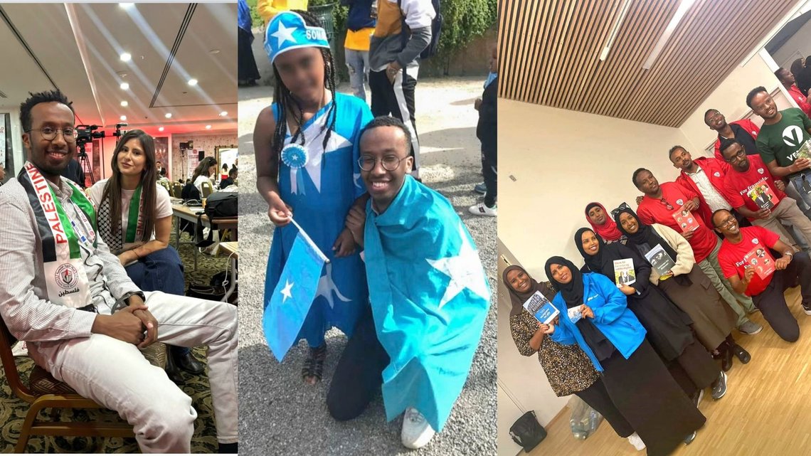 Fawzi Warsame velges sannsynligvis til ny leder, under AUFs landsmøte 18. oktober 2026. Bilder han selv har postet på Facebook viser at han er meget opptatt av sine somaliske røtter. Og av arabere. Bildene er fra International Union of Socialist Youth, april 2026 (t.v.), feiring av Somalia i Oslo 1. juli 2019, og fra somalisk valgsamarbeid på tvers av partier, i august 2023. Warsame bak t.h. Fawzi Warsame velges sannsynligvis til ny leder, under AUFs landsmøte 18. oktober 2026. Bilder han selv har postet på Facebook viser at han er meget opptatt av sine somaliske røtter. Og av arabere. Bildene er fra International Union of Socialist Youth, april 2026 (t.v.), feiring av Somalia i Oslo 1. juli 2019, og fra somalisk valgsamarbeid på tvers av partier, i august 2023. Warsame bak t.h.