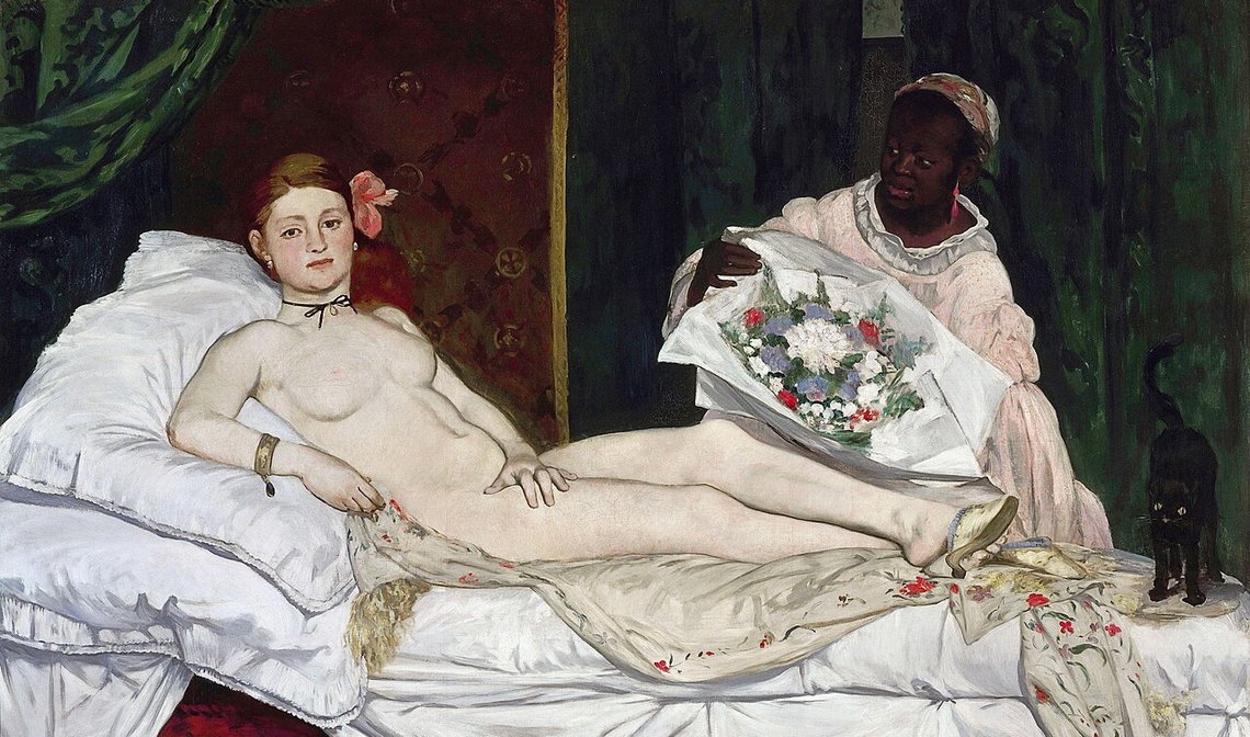 Édouard Manet (1832–1883), «Olympia», Musée d'Orsay, Paris. Deler av datidens publikum ble sjokkert over verket og mente at det bifalt prostitusjon. Men gjorde det nå egentlig det? Édouard Manet (1832–1883), «Olympia», Musée d'Orsay, Paris. Deler av datidens publikum ble sjokkert over verket og mente at det bifalt prostitusjon. Men gjorde det nå egentlig det?
