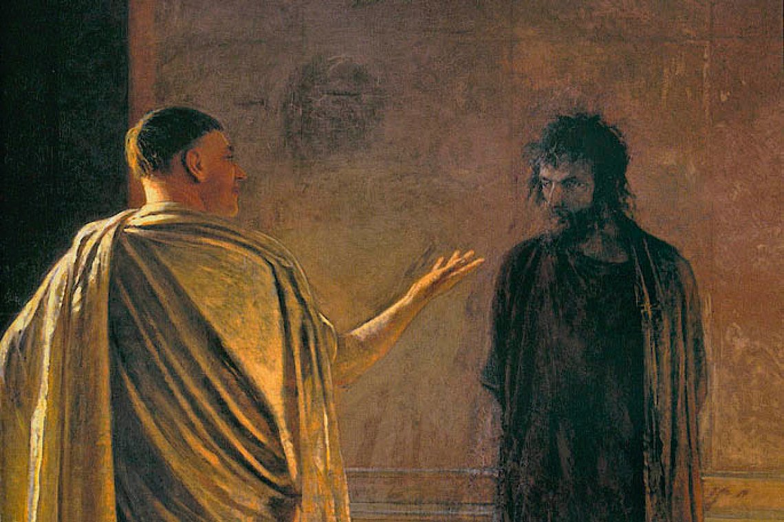 Nikolai Ge (1831–1894), «Hva er sannhet? Kristus fremfor Pilatus» (1890), Tretjakovgalleriet, Moskva. Svaret på Pilatus’ spørsmål står rett fremfor ham. Nikolai Ge (1831–1894), «Hva er sannhet? Kristus fremfor Pilatus» (1890), Tretjakovgalleriet, Moskva. Svaret på Pilatus’ spørsmål står rett fremfor ham.