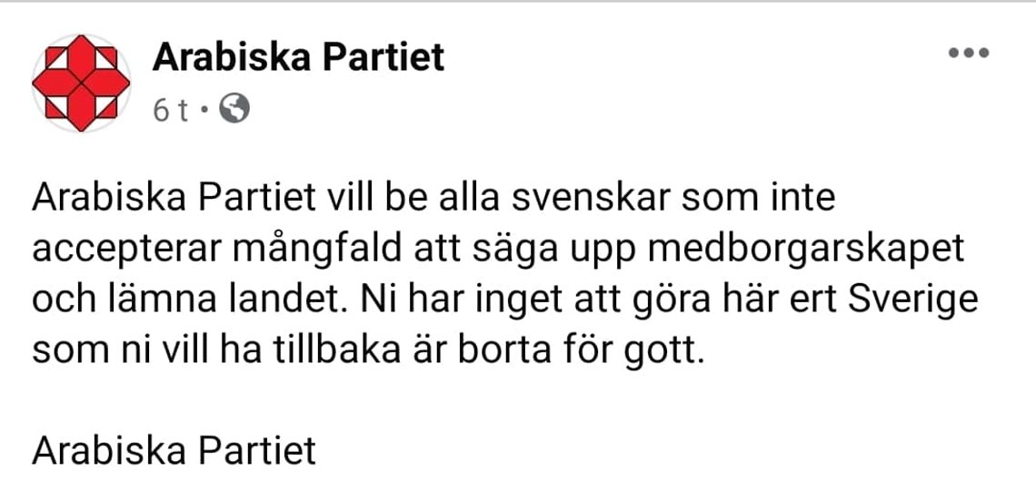 Skärmdump från Arabiska Partiets Facebook-sida Skärmdump från Arabiska Partiets Facebook-sida