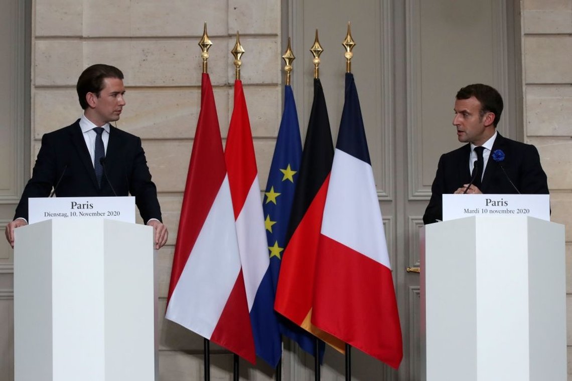 French President Emmanuel Macron (R) and Austrian Chancellor Sebastian Kurz (L) attend a video summit about an EU-wide response to recent attacks in Europe blamed on Islamist radicals, along with Dutch Prime Minister, German Chancellor, European Council President and European Commission President at the Elysee Palace, in Paris, on November 10, 2020. - The meeting comes a week after a convicted Islamic State group supporter killed four people in a shooting rampage in the heart of Vienna, which followed last month's attack on a church in Nice and the beheading of a teacher near Paris. (Photo by Michel Euler / POOL / AFP) (Photo by MICHEL EULER/POOL/AFP via Getty Images) French President Emmanuel Macron (R) and Austrian Chancellor Sebastian Kurz (L) attend a video summit about an EU-wide response to recent attacks in Europe blamed on Islamist radicals, along with Dutch Prime Minister, German Chancellor, European Council President and European Commission President at the Elysee Palace, in Paris, on November 10, 2020. - The meeting comes a week after a convicted Islamic State group supporter killed four people in a shooting rampage in the heart of Vienna, which followed last month's attack on a church in Nice and the beheading of a teacher near Paris. (Photo by Michel Euler / POOL / AFP) (Photo by MICHEL EULER/POOL/AFP via Getty Images)