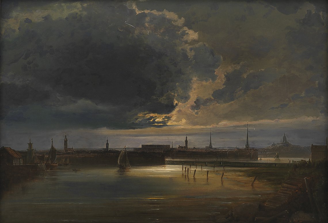 Peder Balke (1804-1887), Stockholm i maaneskin , Circa 1845-49 Peder Balke (1804-1887), Stockholm i maaneskin , Circa 1845-49