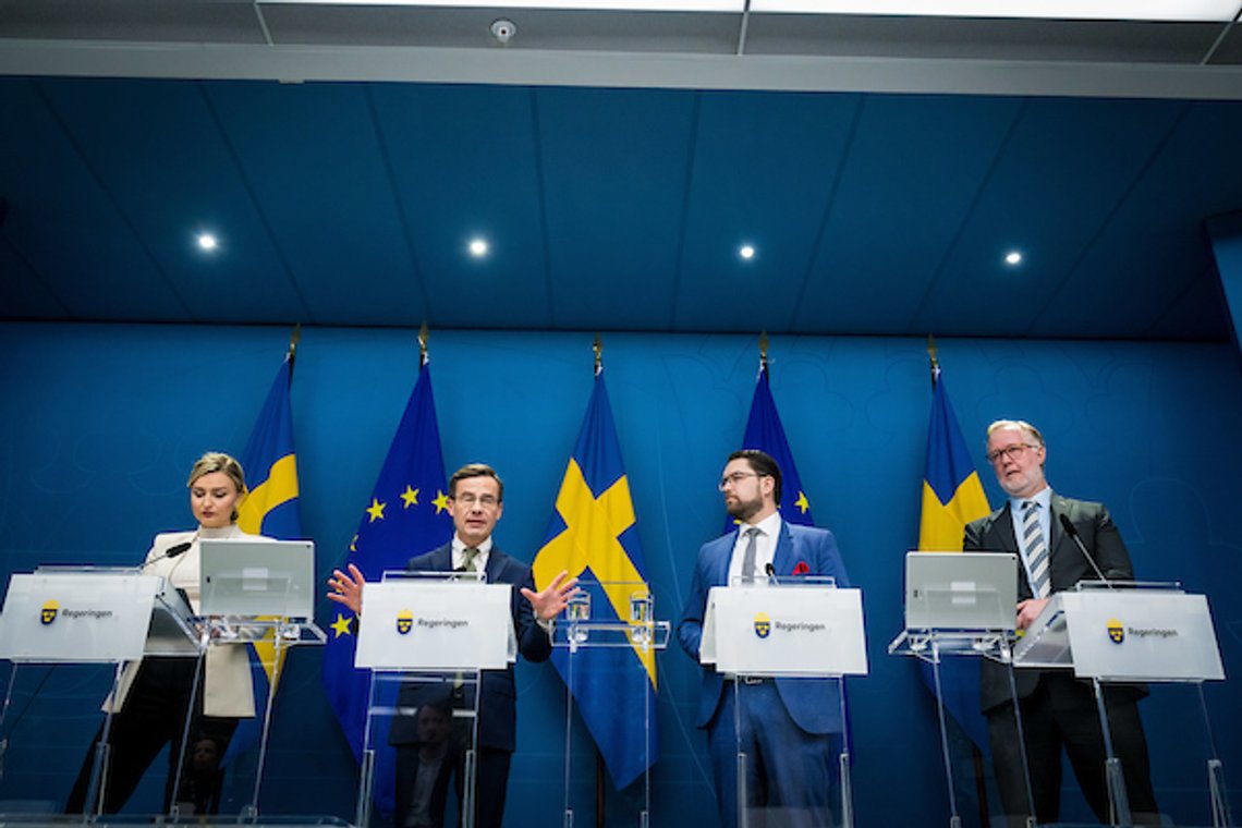 STOCKHOLM, SWEDEN - JANUARY 26: Ulf Kristersson, statsminister, Ebba Busch, Kristdemokraterna, Johan Pehrson, Liberalerna, Jimme Åkesesson, Sverigedemokraterna on January 26, 2023.
Pressträff om regeringens 100 första dagar. Ny offensiv mot gängkriminalitet kopplat till Tidöavtalet.
>>>
Press meeting about the Swedish governments first 100 days. New offensive against gang crime linked to the Tidö Agreement.
Photo by PELLE T NILSSON/Swedish Press Agency STOCKHOLM, SWEDEN - JANUARY 26: Ulf Kristersson, statsminister, Ebba Busch, Kristdemokraterna, Johan Pehrson, Liberalerna, Jimme Åkesesson, Sverigedemokraterna on January 26, 2023.
Pressträff om regeringens 100 första dagar. Ny offensiv mot gängkriminalitet kopplat till Tidöavtalet.
>>>
Press meeting about the Swedish governments first 100 days. New offensive against gang crime linked to the Tidö Agreement.
Photo by PELLE T NILSSON/Swedish Press Agency