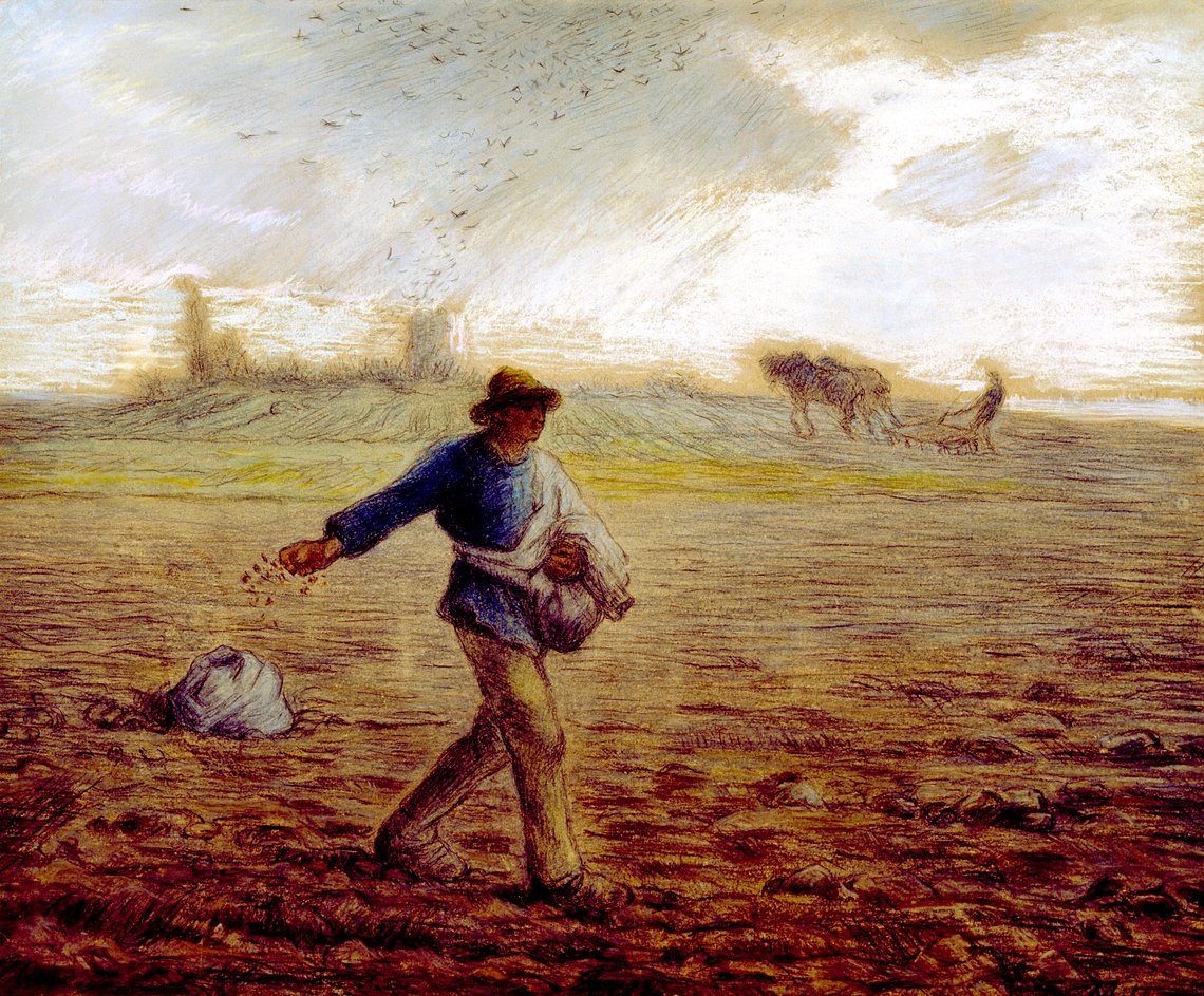 Jean-François Millet (French, 1814-1875). 'The Sower,' ca. 1865. pastel and crayon or pastel on cream buff paper. Walters Art Museum (37.905): Acquired by William T. Walters, 1884. Jean-François Millet (French, 1814-1875). 'The Sower,' ca. 1865. pastel and crayon or pastel on cream buff paper. Walters Art Museum (37.905): Acquired by William T. Walters, 1884.