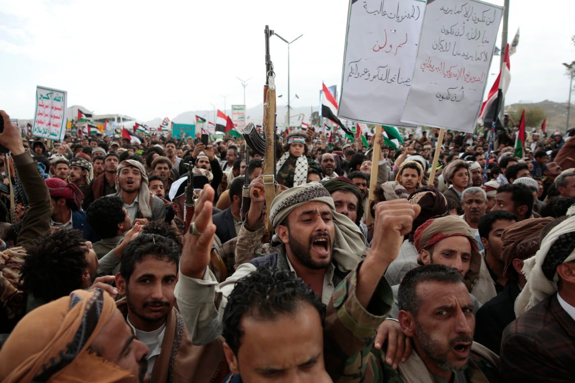 Houthi supporters attend a rally against the U.S.-led airstrikes on Yemen and the Israeli offensive in the Gaza Strip in Sanaa, Yemen, Friday, March 1, 2024. (AP Photo/Osamah Abdulrahman) Houthi supporters attend a rally against the U.S.-led airstrikes on Yemen and the Israeli offensive in the Gaza Strip in Sanaa, Yemen, Friday, March 1, 2024. (AP Photo/Osamah Abdulrahman)