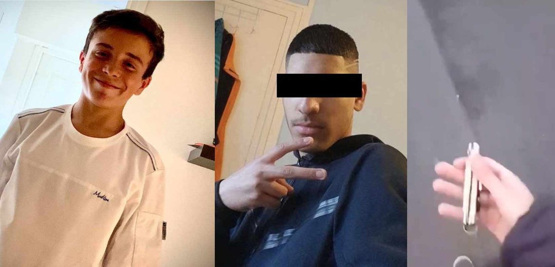 Den mördade 15-åriga Matisse från Chãteauroux i departementet Indre till vänster. I mitten den misstänkte afghanen. Till höger en stillbild från den videoström som afghanen ska ha lagt upp när han letade efter Matisse, som visar den fällkniv han var hemma och hämtade (Foto: Montage från sociala medier/Document.no). Den mördade 15-åriga Matisse från Chãteauroux i departementet Indre till vänster. I mitten den misstänkte afghanen. Till höger en stillbild från den videoström som afghanen ska ha lagt upp när han letade efter Matisse, som visar den fällkniv han var hemma och hämtade (Foto: Montage från sociala medier/Document.no).